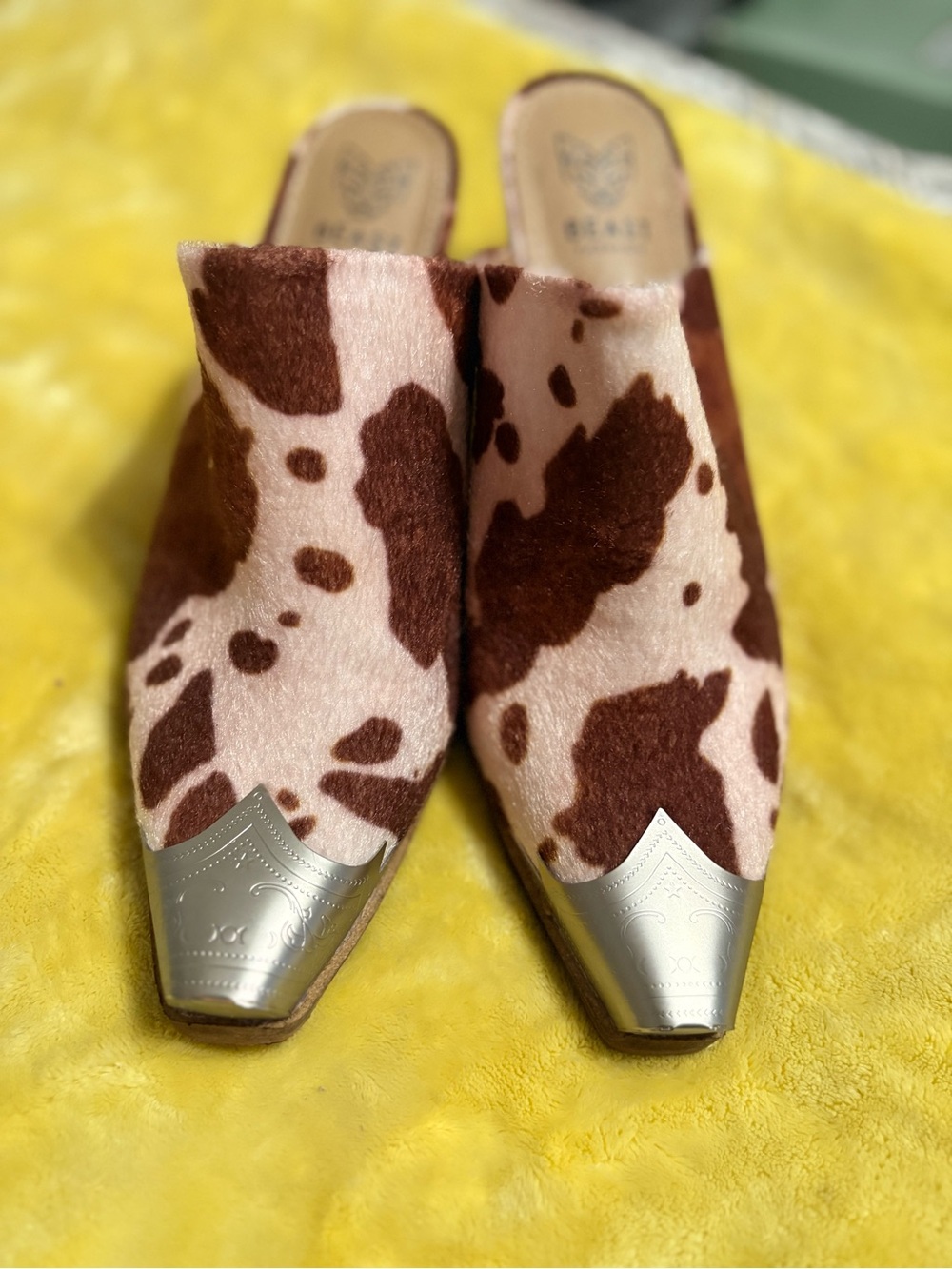 BEAST FASHION Cowhide-Print Mule Slides with Metallic Silver Toe